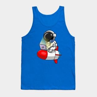 Cute Astronaut Working With Laptop On Rocket Cartoon Tank Top